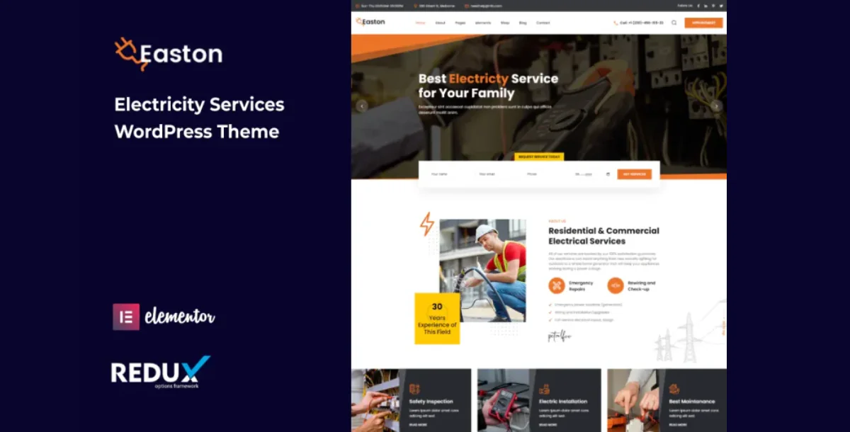 Easton – Tema WordPress de serviços de eletricidade